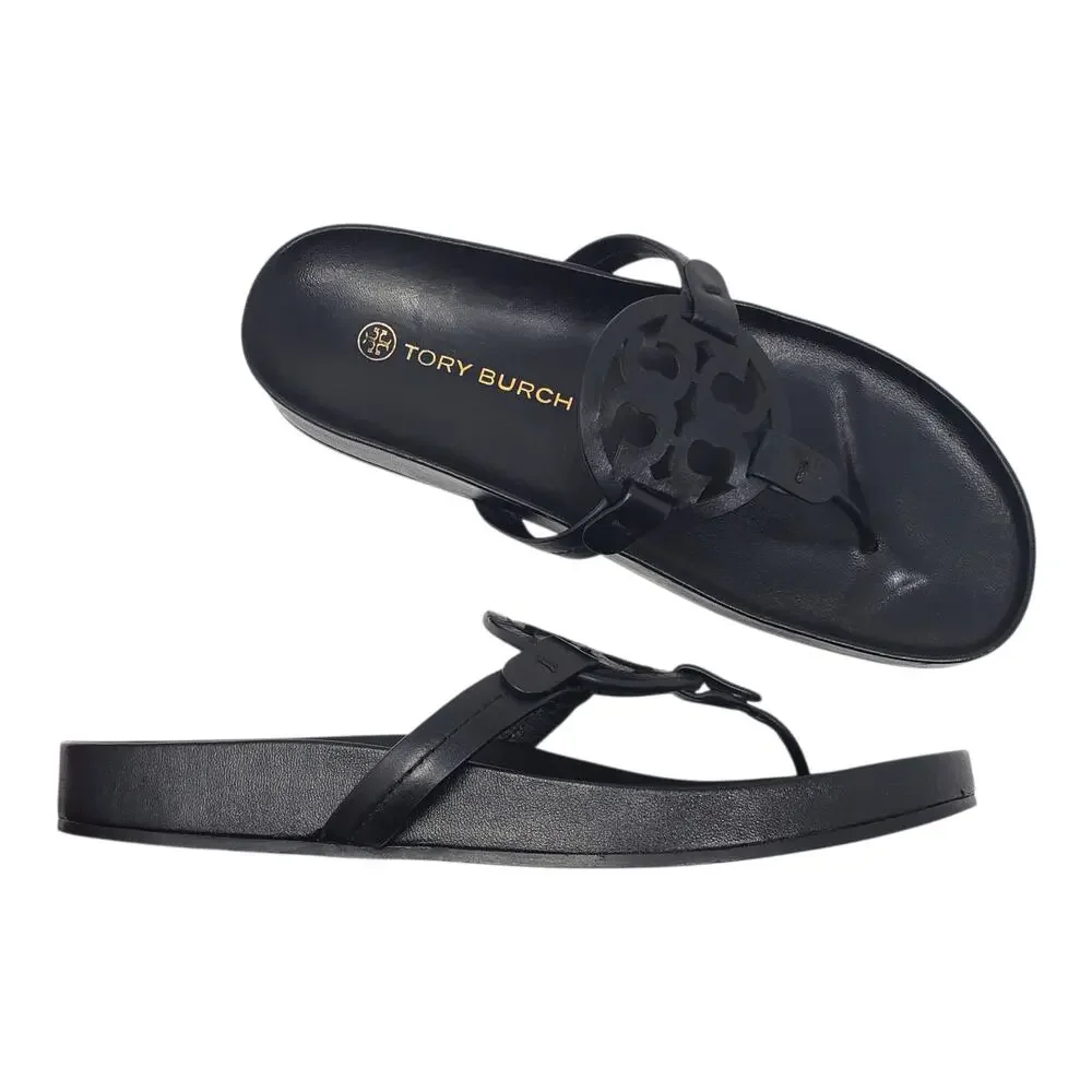 Tory Burch Miller Cloud Thong Sandals Calf Leather Perfect Black Logo Size 9.5 M - Picture 1 of 10